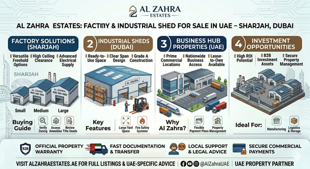 Factory & Industrial Shed for Sale in UAE – Sharjah, Dubai | Al Zahra Estates
